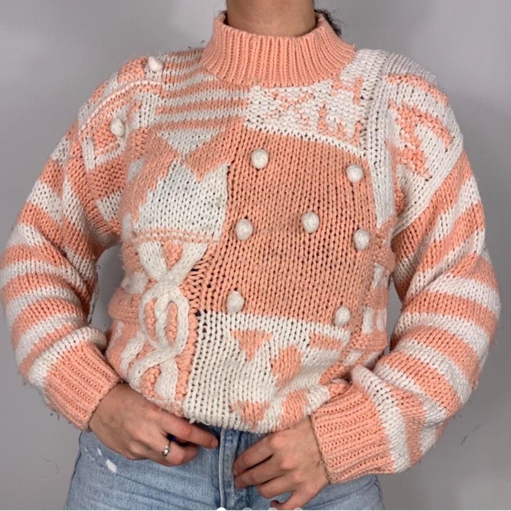 VINTAGE PINK CHECKERBOARD PUFFY CHUNKY KNIT SWEATER